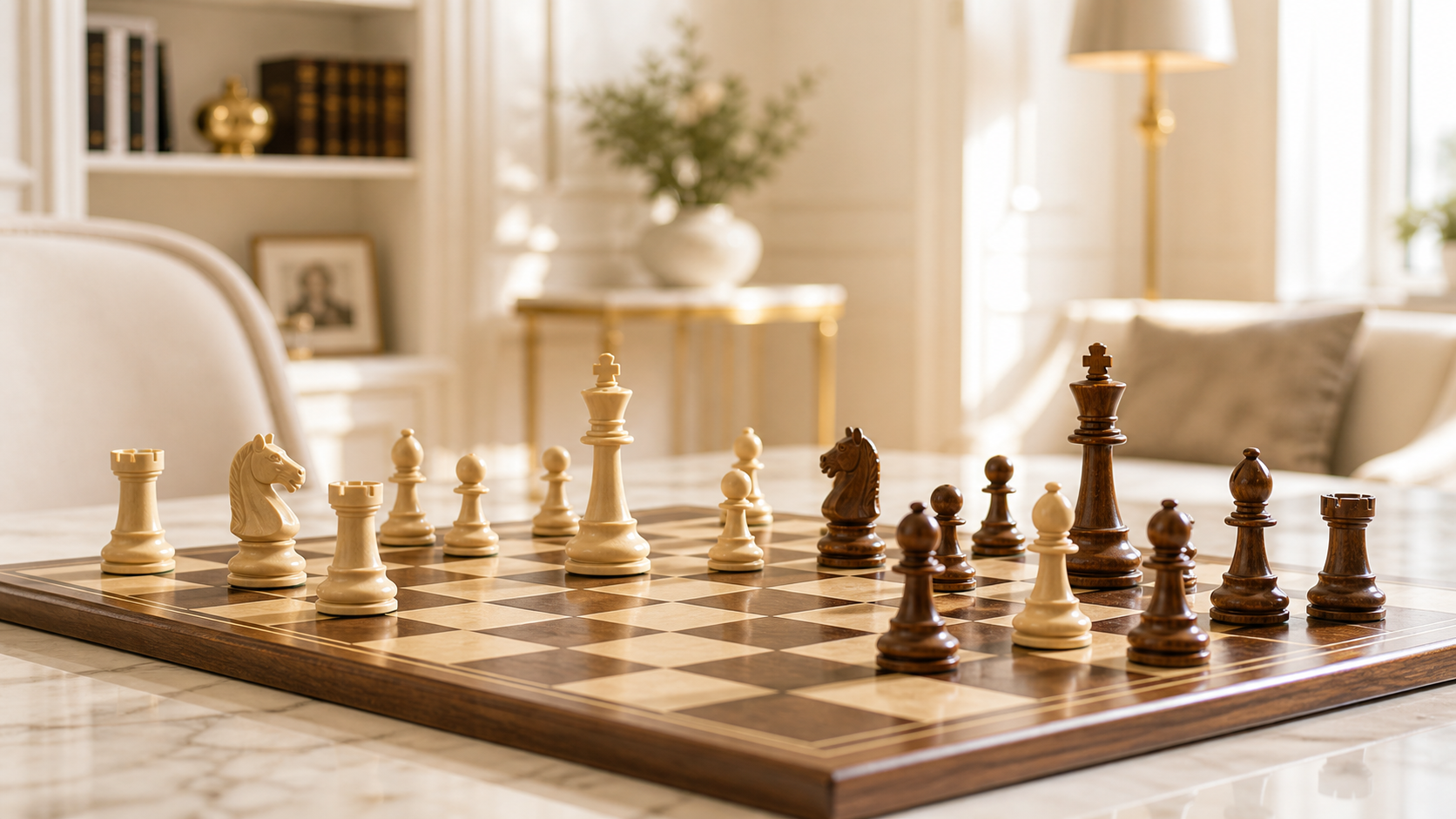 Chess pieces on a board in a luxury club