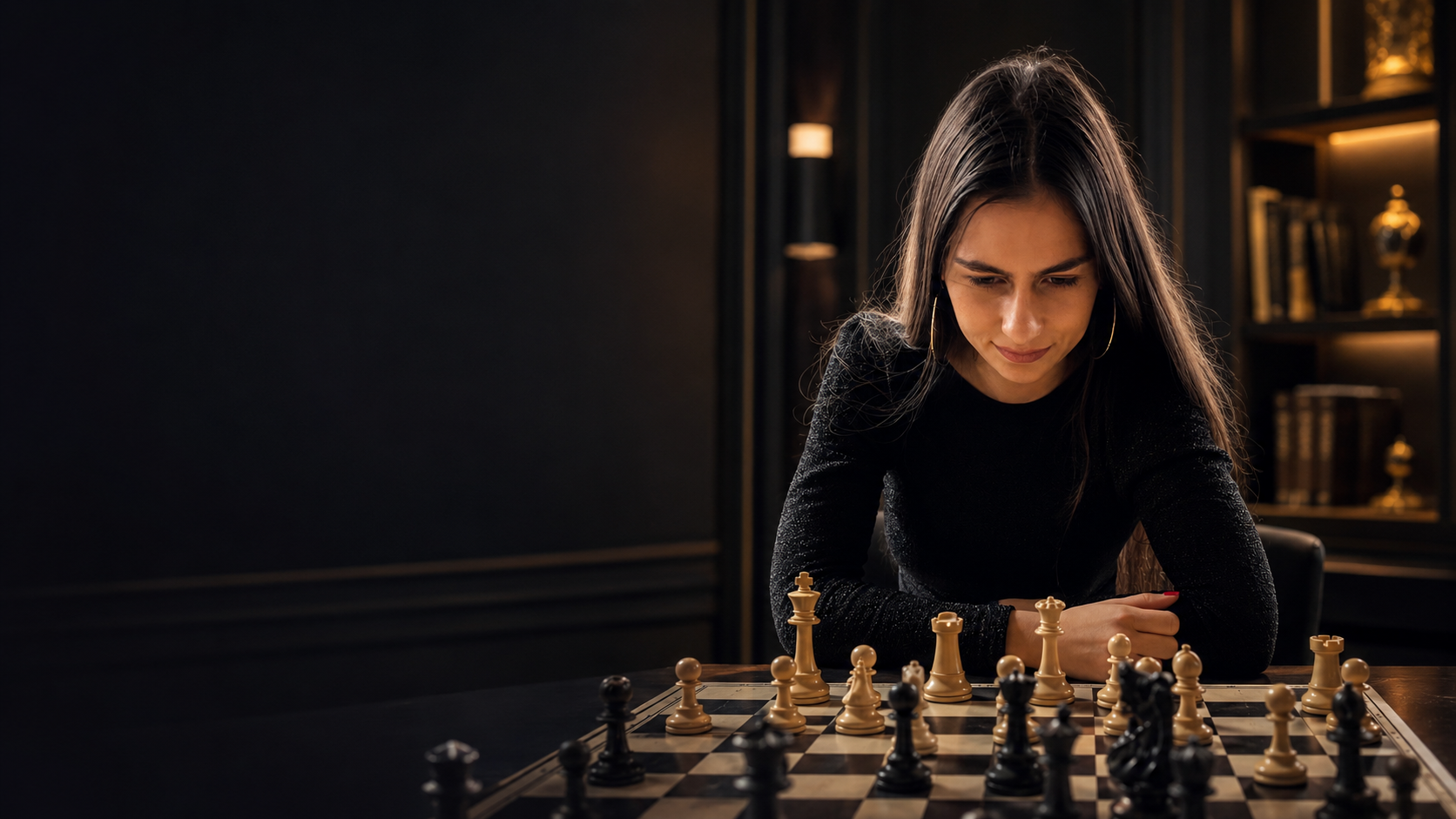 Chess coach studying a board in a dark academy room