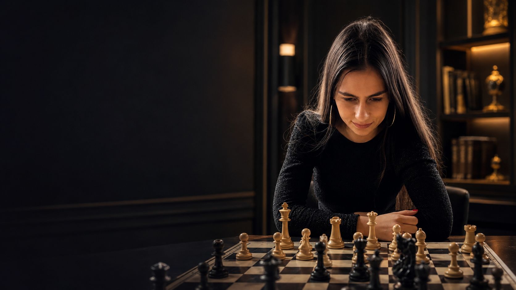 Chess coach studying a board in a dark academy room