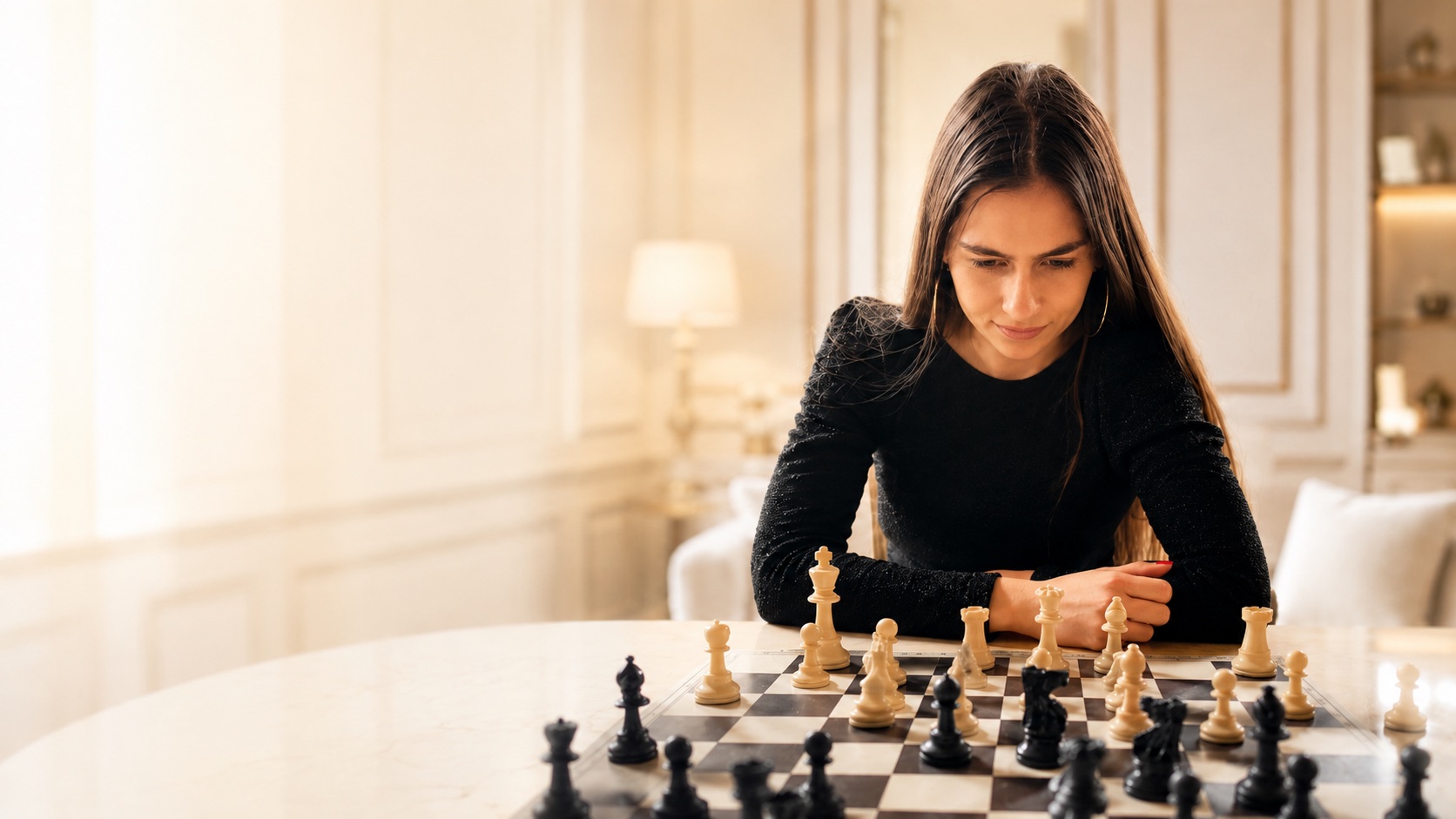 Chess coach studying a board in a bright academy room